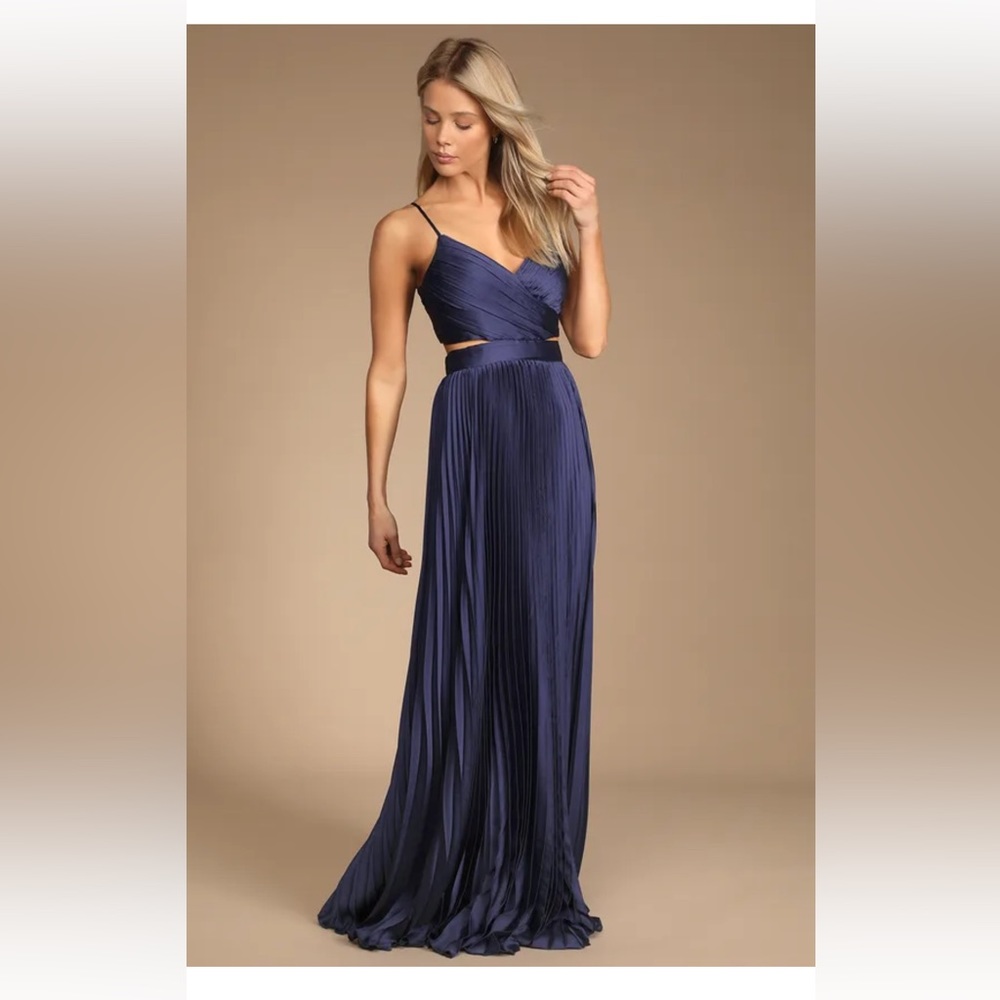 Lulu’s Got the Glam Navy Blue Pleated Cutout Maxi Dress